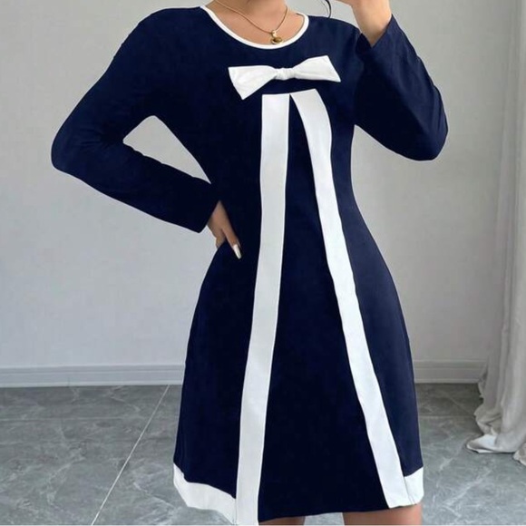 Long Sleeve Navy Dress with White Accents - Picture 3 of 6